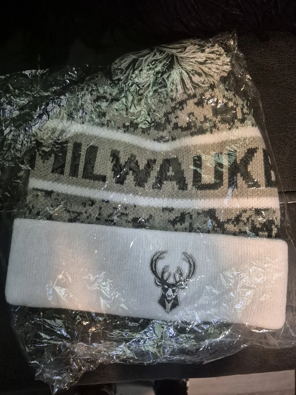 Kids White and Gray Knit Pom Beanie with Deer Logo